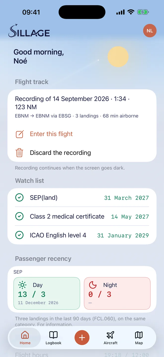 Sillage home screen: the sky, and a recorded flight waiting to be logged