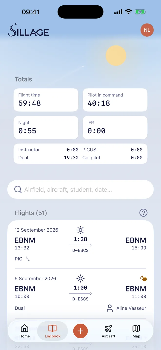 The logbook: totals and the list of flights as boarding passes