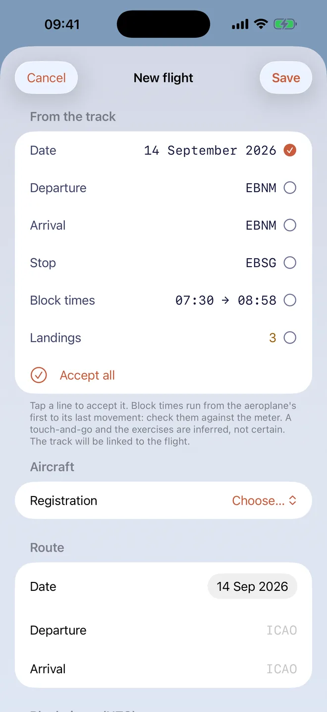 Flight form with the “From the track” card