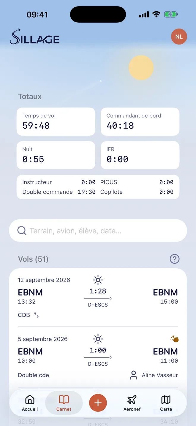 Le carnet : les totaux et la liste des vols en cartes d'embarquement