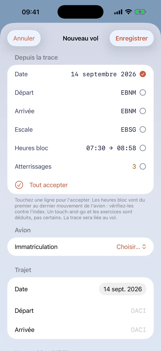 Formulaire de vol avec la carte « Depuis la trace »