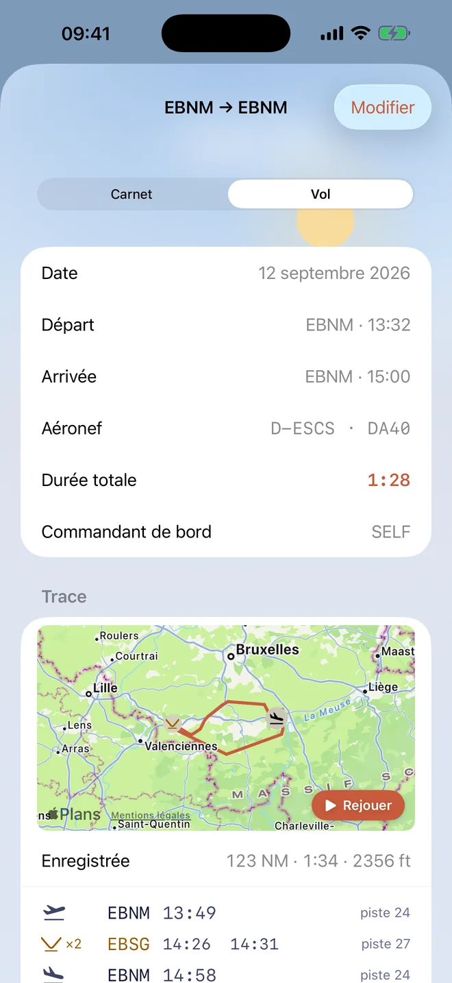Fiche du vol, face Vol : la trace sur la carte avec décollage, touch-and-go et posé